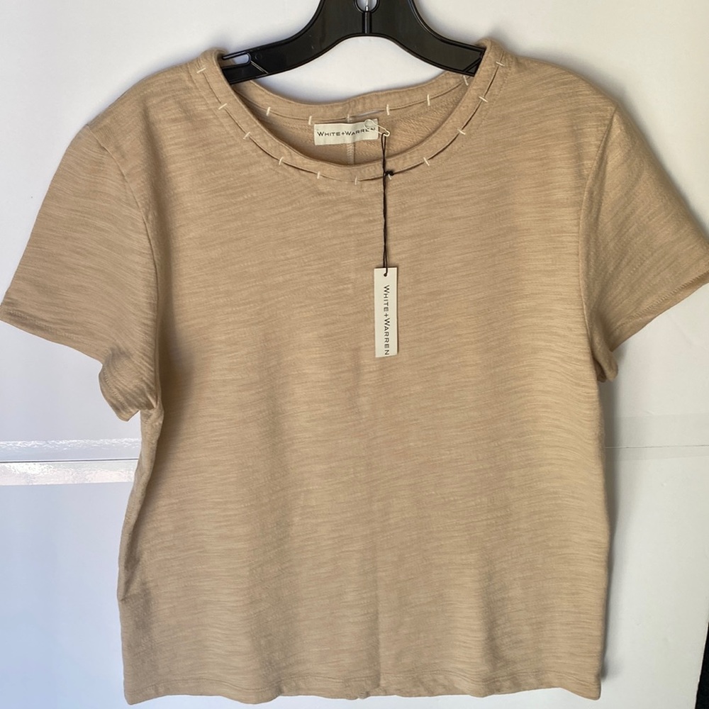 White +Warren Vintage Khaki Short Sleeve Crew Neck Pullover Top Size L